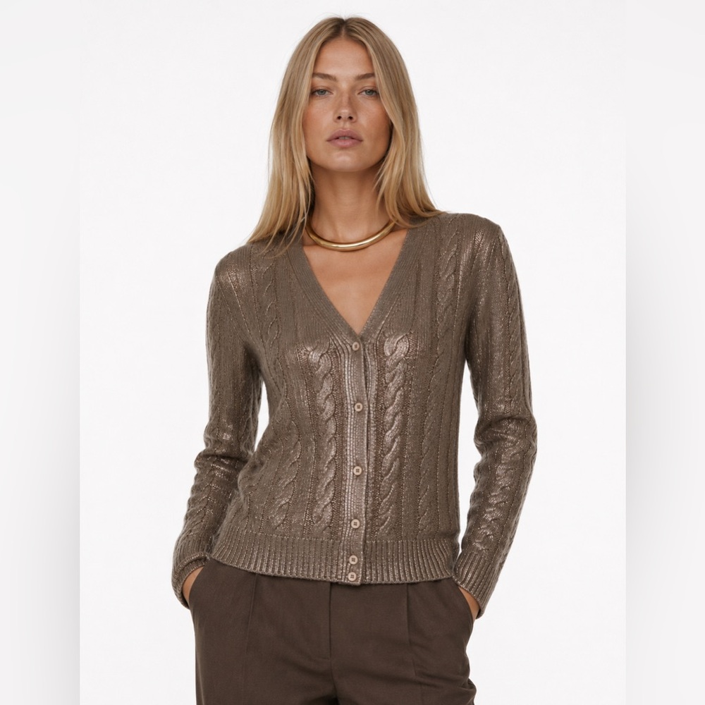Prada Rare 2007 Cashmere Wool Blend Metallic Taupe Cable Knit V-Neck Cardigan 42